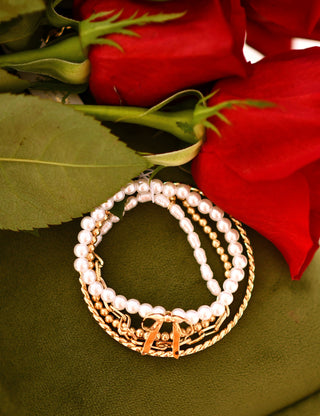 Bow Pearl Rhinestone Bar Bangle Set